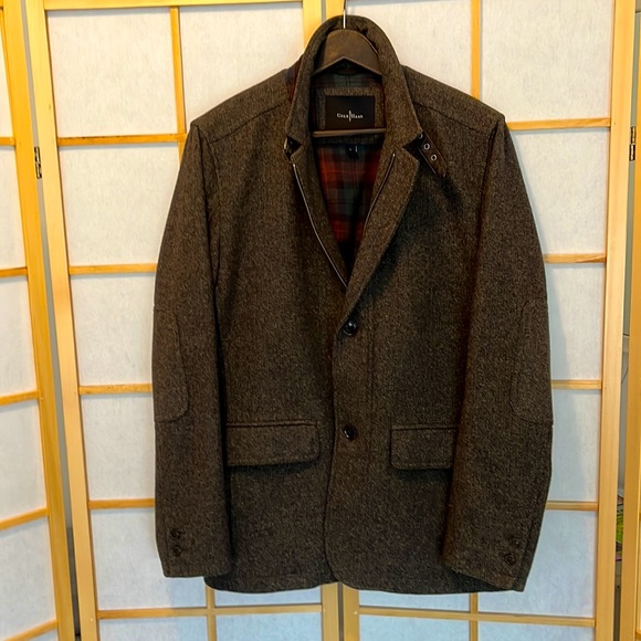 Cole Haan Car Coat Dark Brown Herringbone, Lambskin Trim - Picture 3 of 14